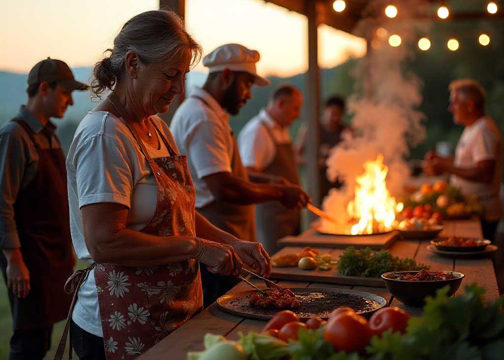 Workshops 1 Groep mensen tijdens een kookworkshop buiten, met verse ingrediënten en koken op open vuur onder sfeervolle verlichting.